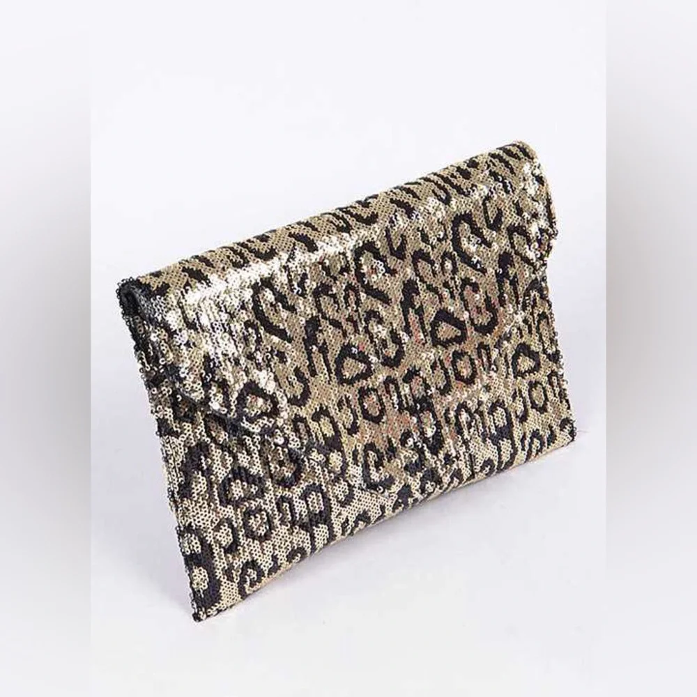 Large Gold & Black Sequin Leopard Animal Print Envelope Bag
